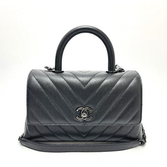 CHANEL Chevron V-Stitch Coco Handle XS So Black 2-Way Bag Shoulder Bag Handbag Caviar Skin Women's Black