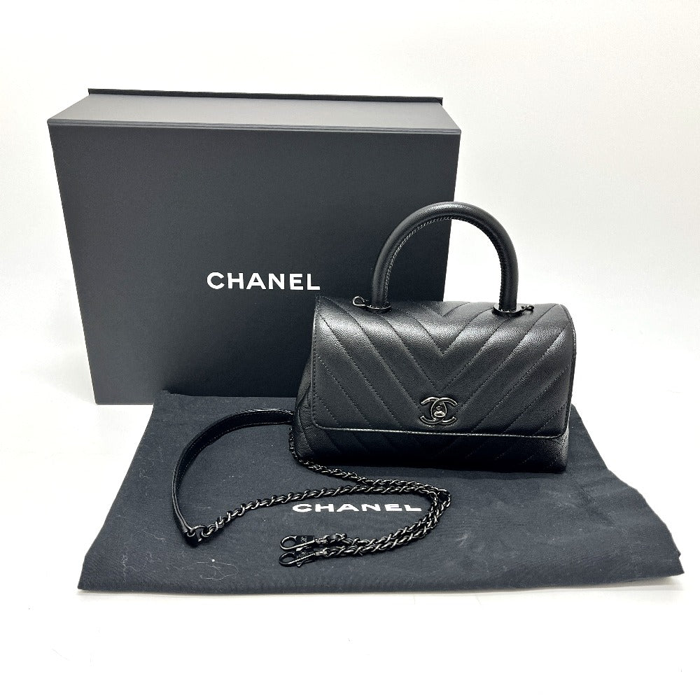 CHANEL Chevron V-Stitch Coco Handle XS So Black 2-Way Bag Shoulder Bag Handbag Caviar Skin Women's Black