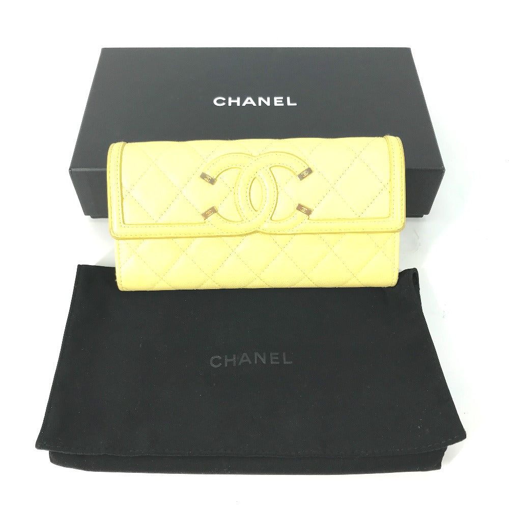 CHANEL Long Wallet, Filigree CC Coco Mark, Bifold, Caviar Leather, Yellow, Women's