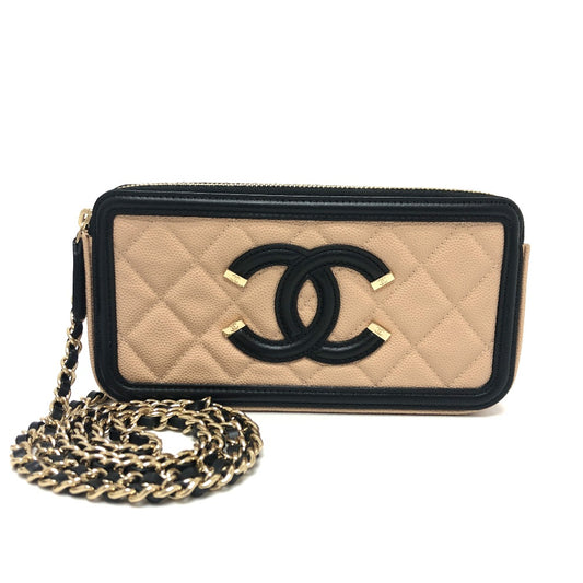 CHANEL A84450 CC Filigree Two-Tone Wallet, Long Wallet with Wallet Chain, Beige, Caviar Leather
