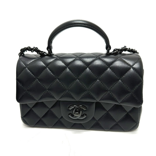 CHANEL Matelasse 20 Quilted CC Coco Mark Top Handle So Black Mini Flap 2-Way Bag Shoulder Bag Handbag Lambskin Women's Black