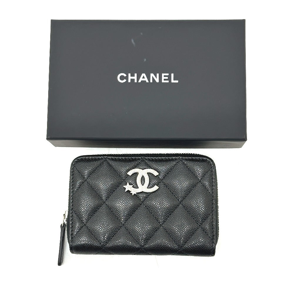 CHANEL AP3728 25B Matelasse Star Coco Mark Zip Bifold Wallet Caviar Skin Women's Black