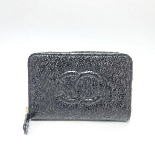 CHANEL AP4658 Coco Mark Zip Coin Purse Long Wallet Caviar Leather Women's Black