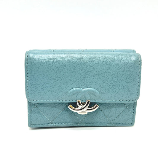 CHANEL Push Lock Half Coco Mark Compact Wallet, Tri-fold Leather Wallet, Women's, Light Blue