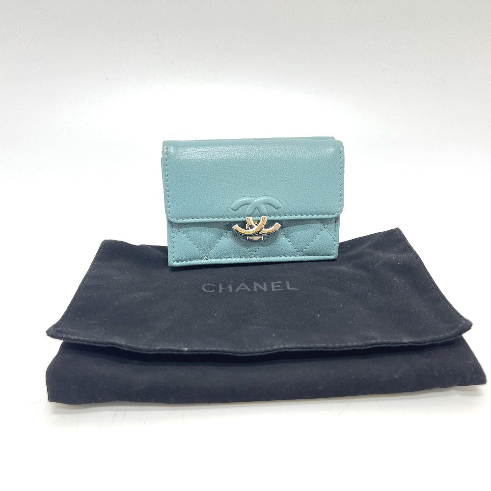 CHANEL Push Lock Half Coco Mark Compact Wallet, Tri-fold Leather Wallet, Women's, Light Blue