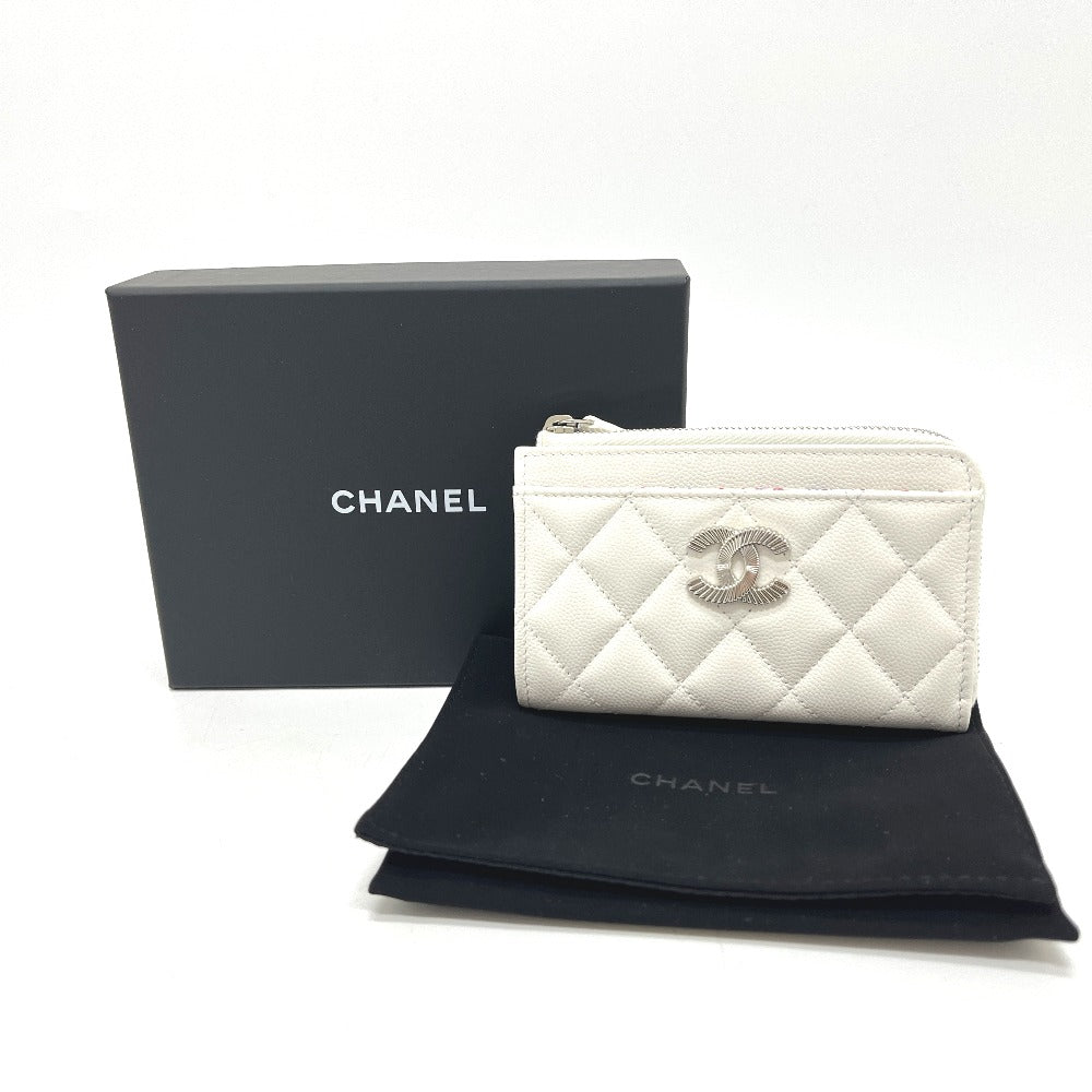 CHANEL Matelasse CC Mark Fragment Case Card Case Mini Wallet coin purse Caviar Leather White/SilverHardware Used