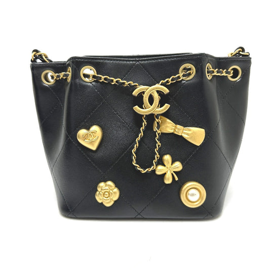 CHANEL AS5824 25K Drawstring Icon Chain Shoulder Bag Leather Women's Black