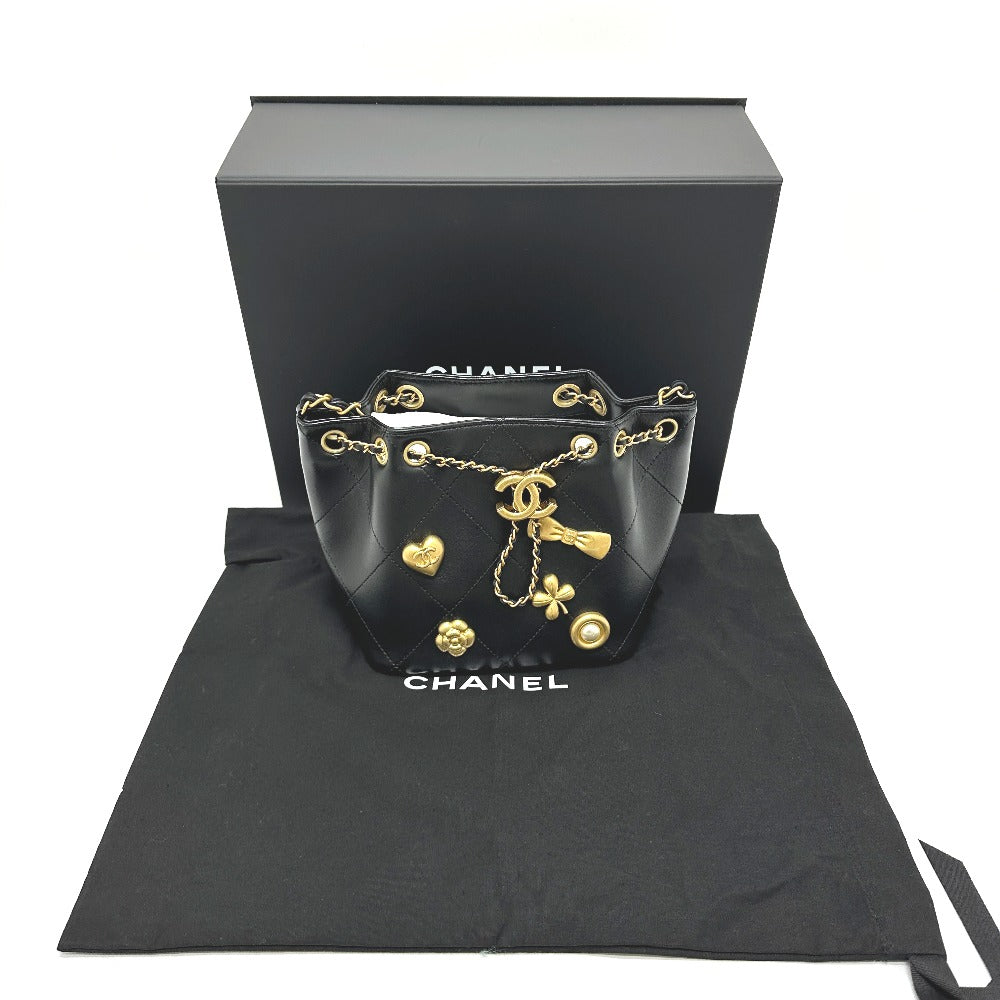 CHANEL AS5824 25K Drawstring Icon Chain Shoulder Bag Leather Women's Black