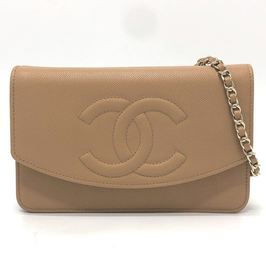 CHANEL AP4653 Métiers d'Art Collection CC Mark Chain Wallet Crossbody Bag Shoulder Bag Caviar Leather Beige Used