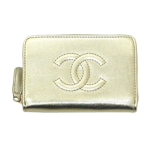 CHANEL AP4658 Coco Mark Métiers d'Art Card Case, Mini Wallet, Coin Case, Caviar Leather, Women's, Gold