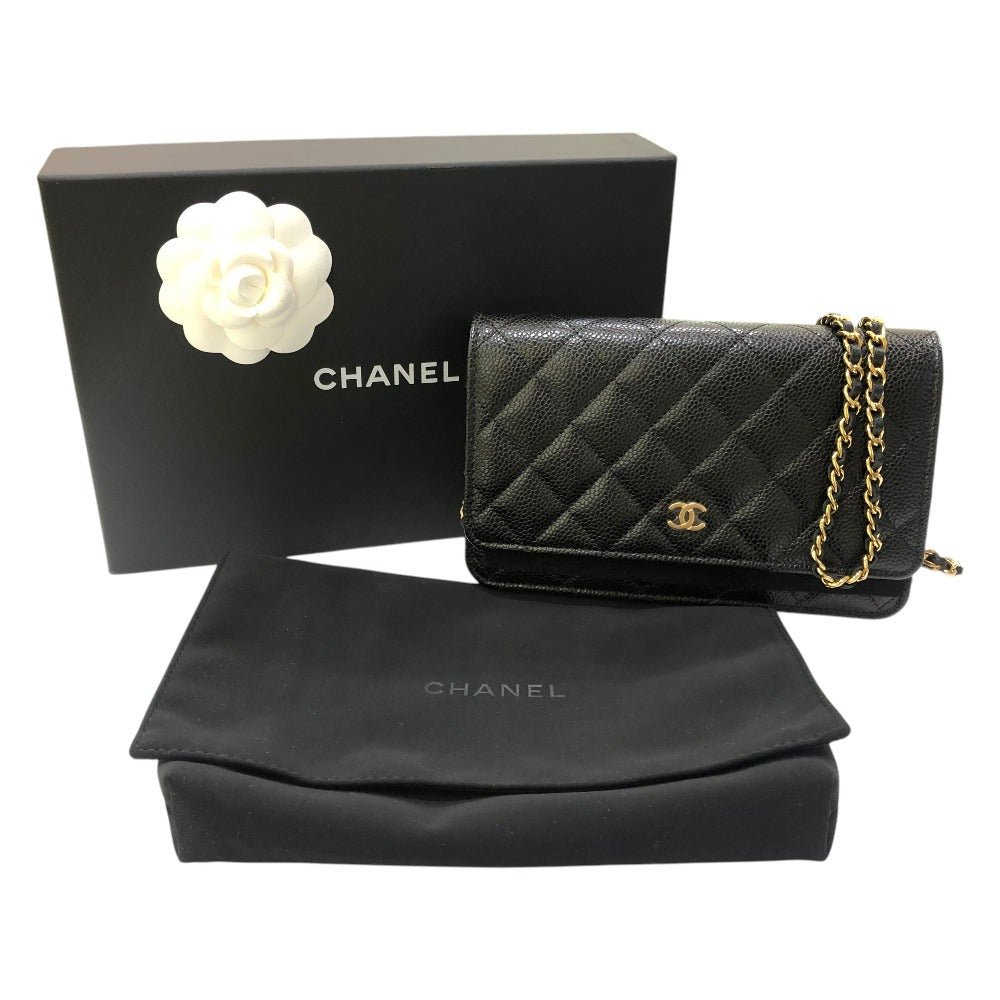 CHANEL AP0250 Matelasse Coco Mark Chain Wallet Bag Purse Crossbody Shoulder Bag Caviar Skin Ladies Black