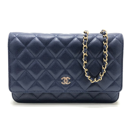 CHANEL AP0250 Matelassé Coco Mark Classic Chain Wallet Bag Gold Hardware Shoulder Bag Caviar Skin Women's Blue