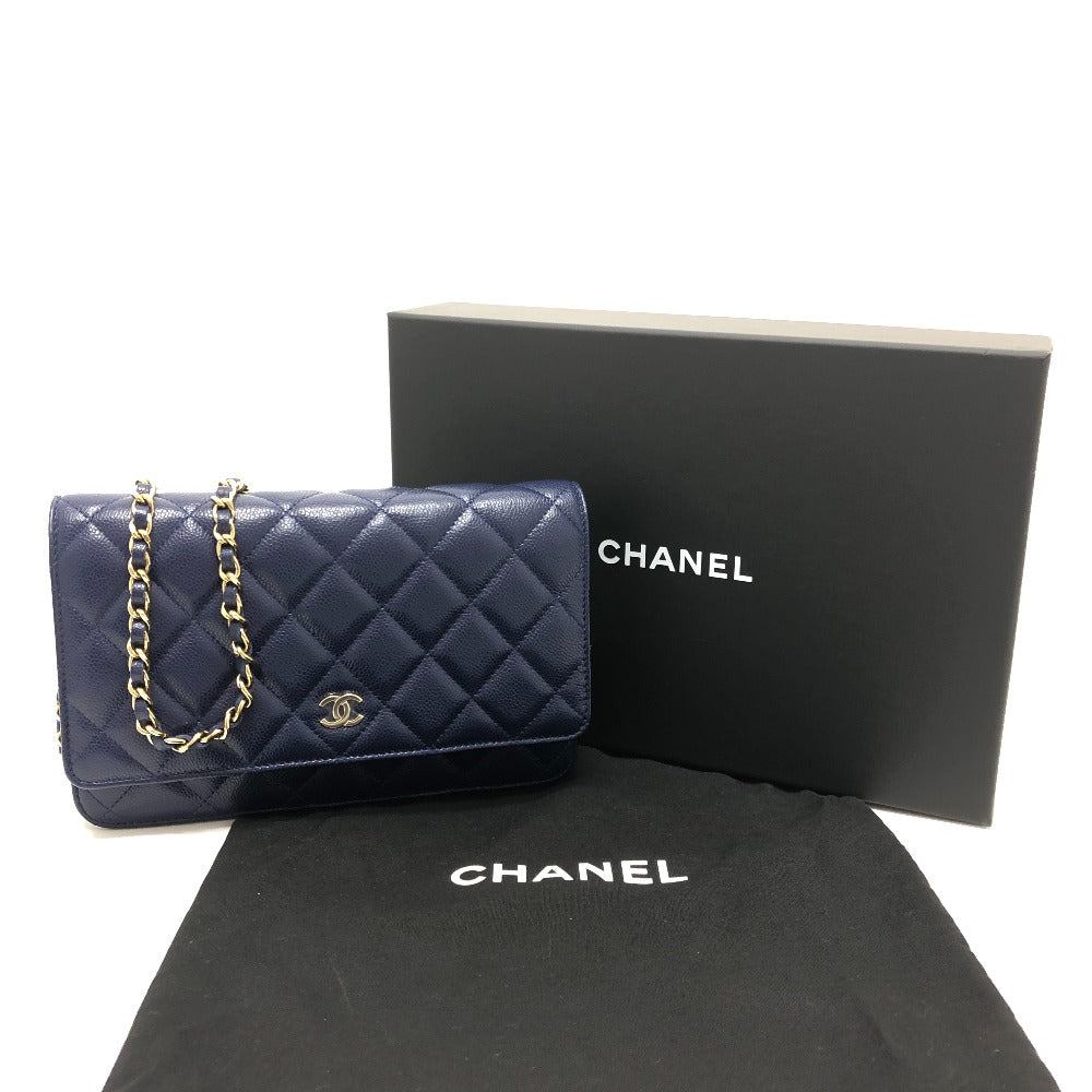 CHANEL AP0250 マトラッセ ココマーク クラシック チェーンウォレット カバン ゴールド金具 ショルダーバッグ キャビアスキン レディース ブルー