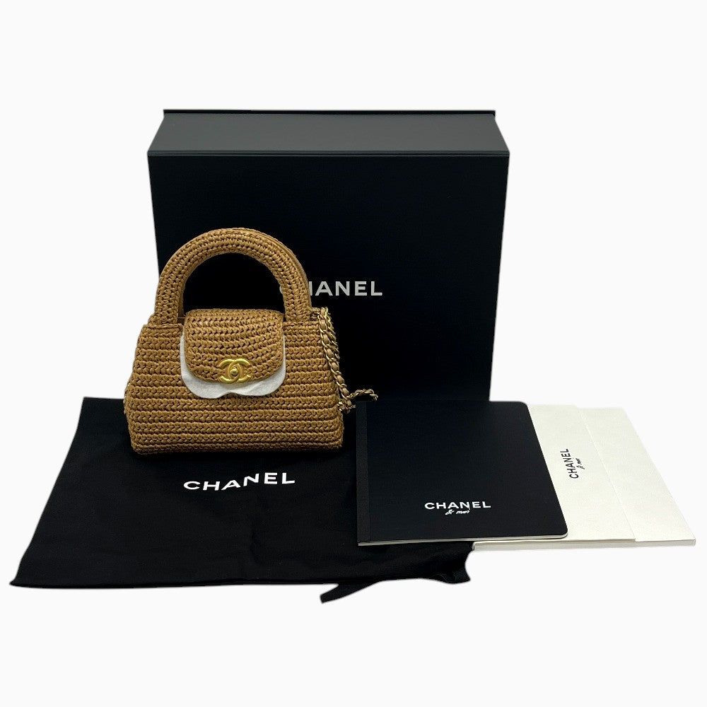 CHANEL 26C Mini Shopping 2-Way Straw Basket Bag with Chain Shoulder Pochette Hand Bag Raffia Beige Used