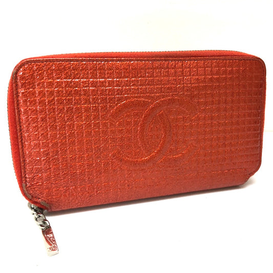 CHANEL A37188 Micro Chocolate Bar Round Zip Long Wallet, Patent Leather, Women's, Rouge (Red)