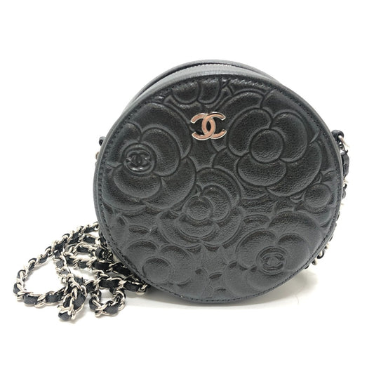 CHANEL Camellia CC Coco Mark Logo Diagonal Round Mini Shoulder Bag Leather Women's Gray
