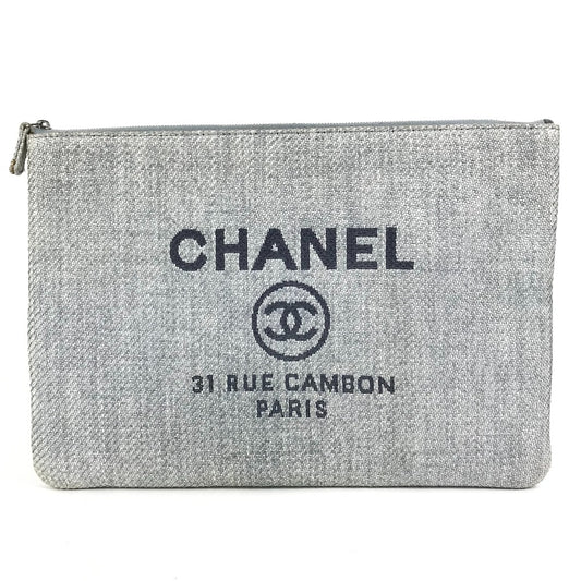 CHANEL Logo Deauville Pouch Clutch Bag Canvas Women's Blue