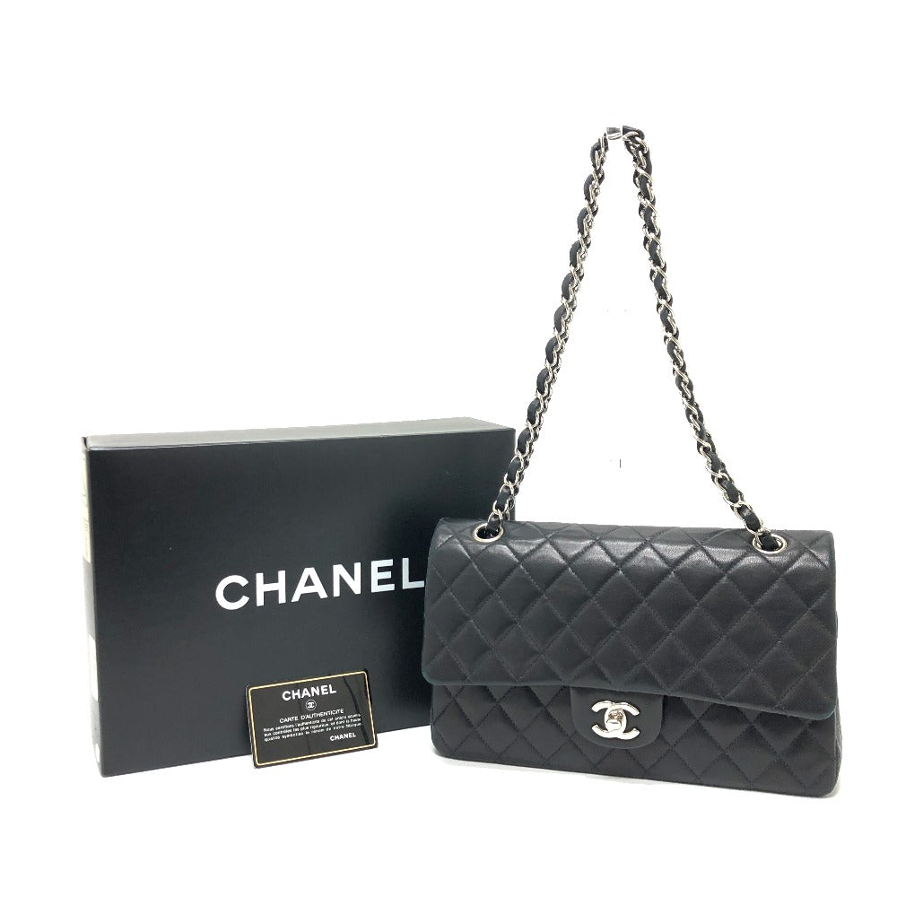 CHANEL A01112 Matelasse 25 Double Chain Double Flap Shoulder Bag, Lambskin, Women's, Silver Hardware, Black
