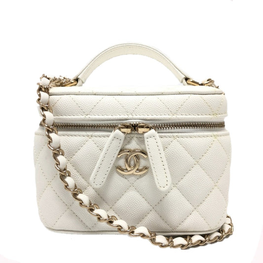 CHANEL AS3171 Coco Mark CC Vanity Bag, Chain Bag, 2-Way Handbag/Shoulder Bag, Caviar Skin, White, Women's