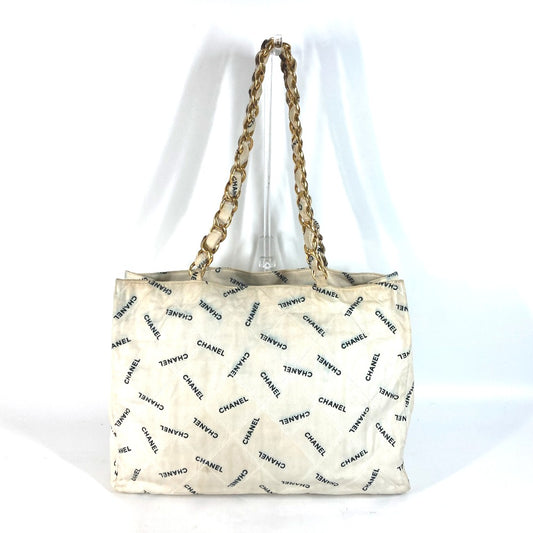 CHANEL Tote Bag with All-Over Logo and Double Chain, Canvas Shoulder Bag, Women's, White