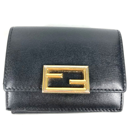 FENDI 8M0395 Logo Compact Wallet Trifold Leather Women's Black