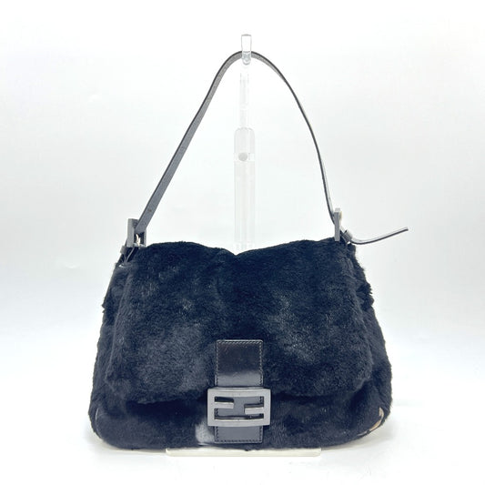FENDI Mamma Bucket Shoulder Handbag in Black with Fur