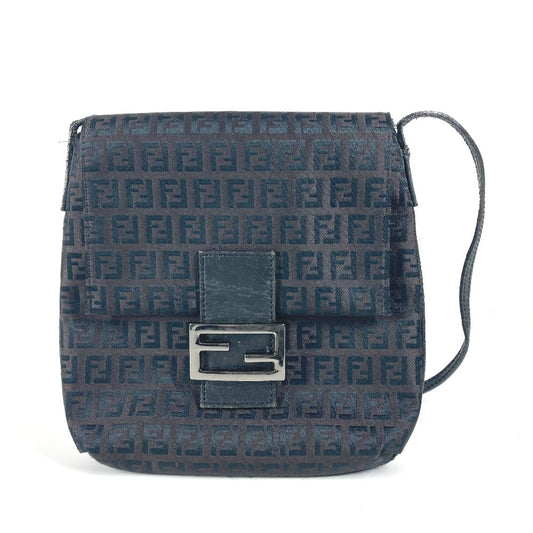 FENDI Zucca Zucchino Flap Pochette Shoulder Bag in Canvas/Leather, Black, for Women