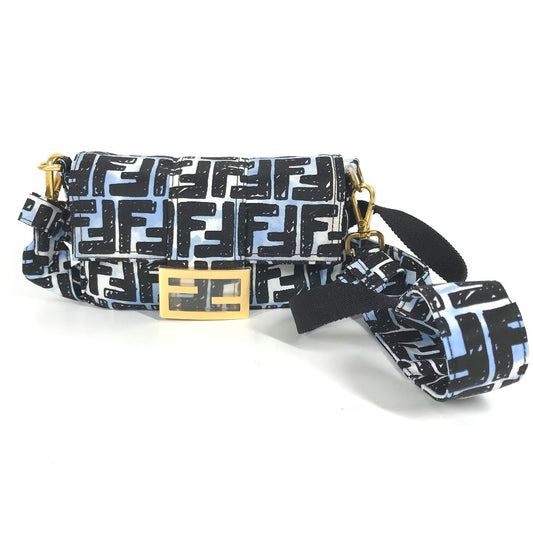 FENDI 8BR784 Joshua Vides Collaboration Zucca Baguette Mini 2-Way Bag, Crossbody Pochette, Shoulder Bag, Nylon, Unisex, Blue