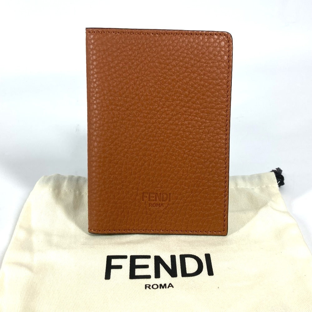 FENDI Logo Passport Cover Stationery Passport Case Leather Unisex Brown