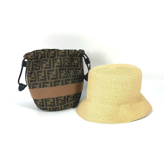 FENDI FXQ891 Handbag AIJE RAFFIA BUCKET Hat Bucket Hat & Drawstring Bag Hat Bucket Hat Bob Hat Leather Women's Beige