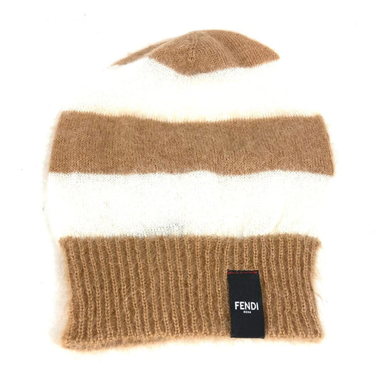 FENDI FXQ107 Striped Beanie Hat, Knit Cap, Men's Brown