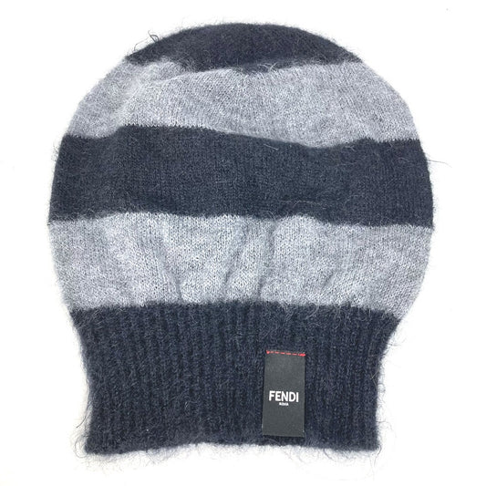 FENDI FXQ107 Beanie, Knit Cap, Striped Knit Hat, Men's, Black