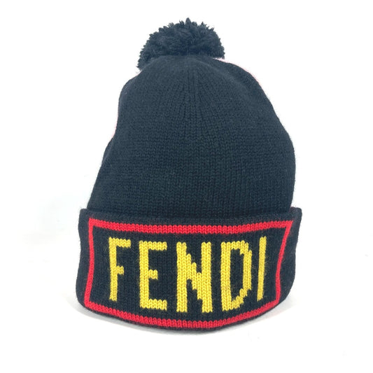 FENDI FXQ056 ポンポン付き ロゴ ビーニー 帽子 ニット帽 ニットキャップ ニット帽 ウール レディース ブラック - brandshop-reference