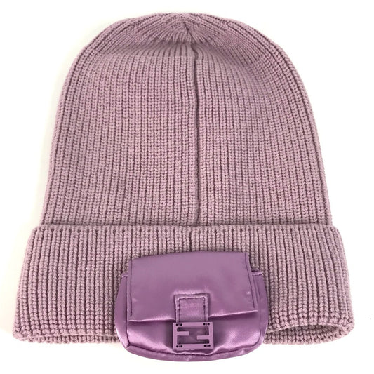 FENDI FXQ938 Bucket Bag Design Logo Pocket Beanie Hat Knit Cap Wool Women's Purple