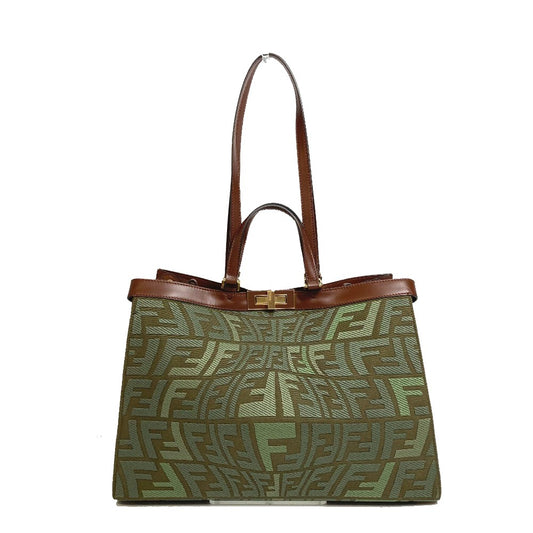 FENDI 8BH374 FF All-Over Print Peekaboo X Tote Bag, 2-Way Shoulder Bag, Cotton Tote Bag, Women's, Green