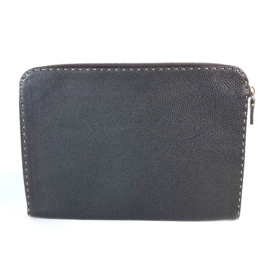 FENDI Selleria L-Zip Clutch Bag in Dark Brown Leather for Men
