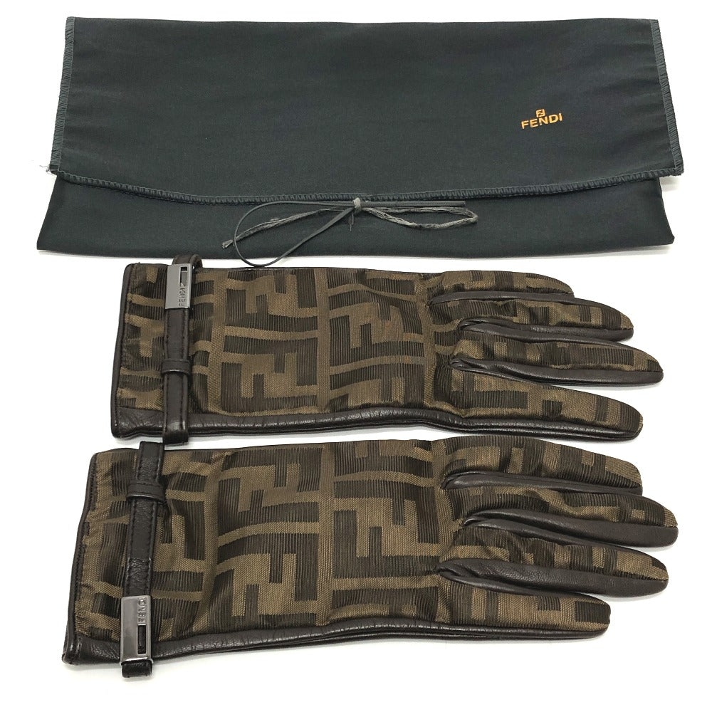 FENDI ズッカ柄 FFロゴ アパレル グローブ 防寒具 冬物 手袋 キャンバス レディース ブラウン