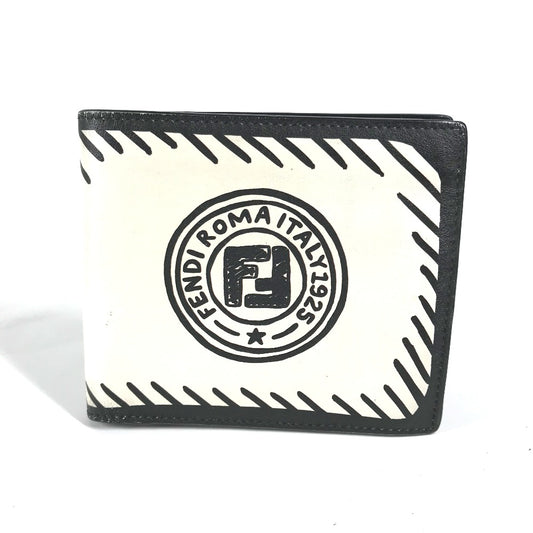 FENDI 7M0169 Compact Wallet, Joshua Vides Collaboration, Men's White Leather Bifold Wallet