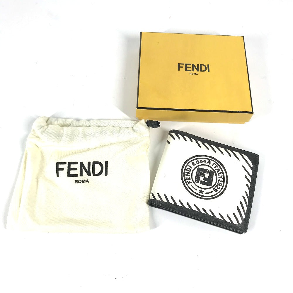 FENDI 7M0169 Compact Wallet, Joshua Vides Collaboration, Men's White Leather Bifold Wallet