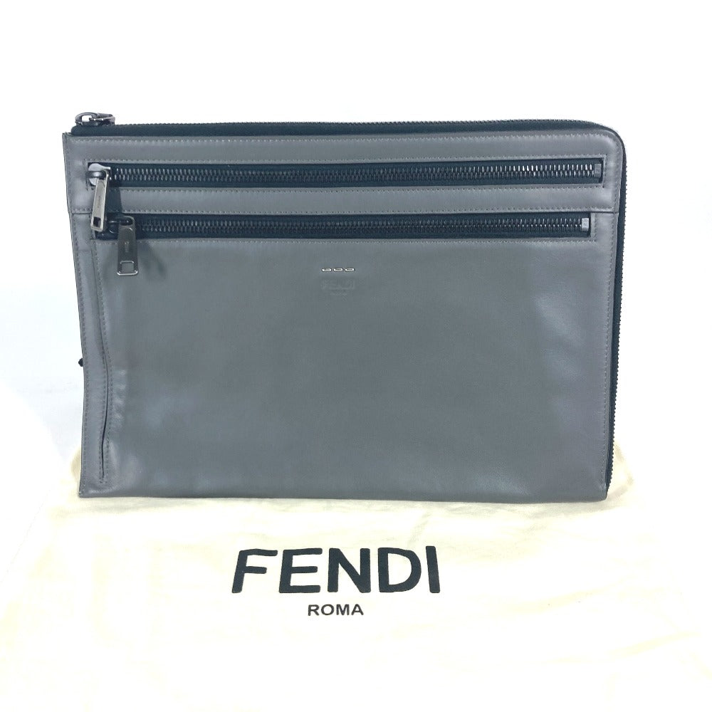 FENDI 7M0237 Zip Bag Pouch Clutch Bag Leather Men's Gray