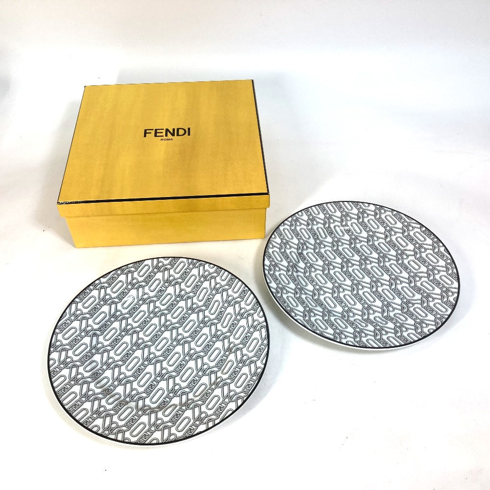 FENDI 7AC047 White Porcelain Dinnerware, Set of 2, Pair of Orlock Plates, Side Plates, Porcelain, Women's, White
