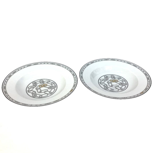 FENDI 7AC046 White Porcelain Dinnerware, Set of 2 Orlock Plates, White Porcelain Soup Plates, Women's, White