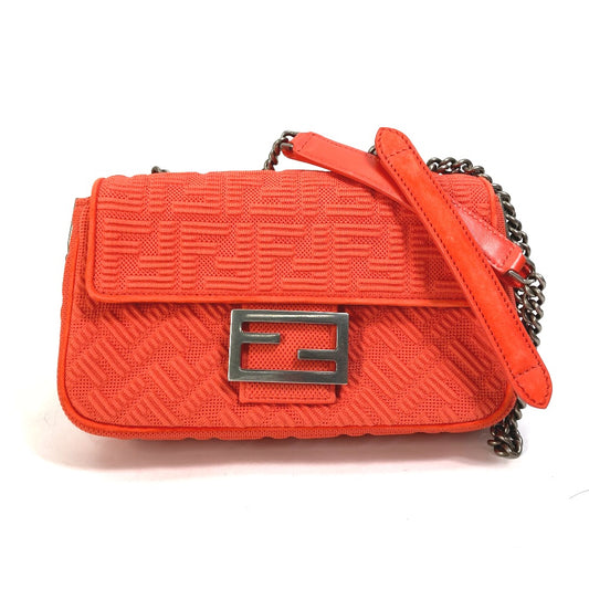 FENDI 8BR793 Baguette Chain Midi Double Chain Bag, Crossbody Shoulder Bag, Canvas/Leather, Women's, Red