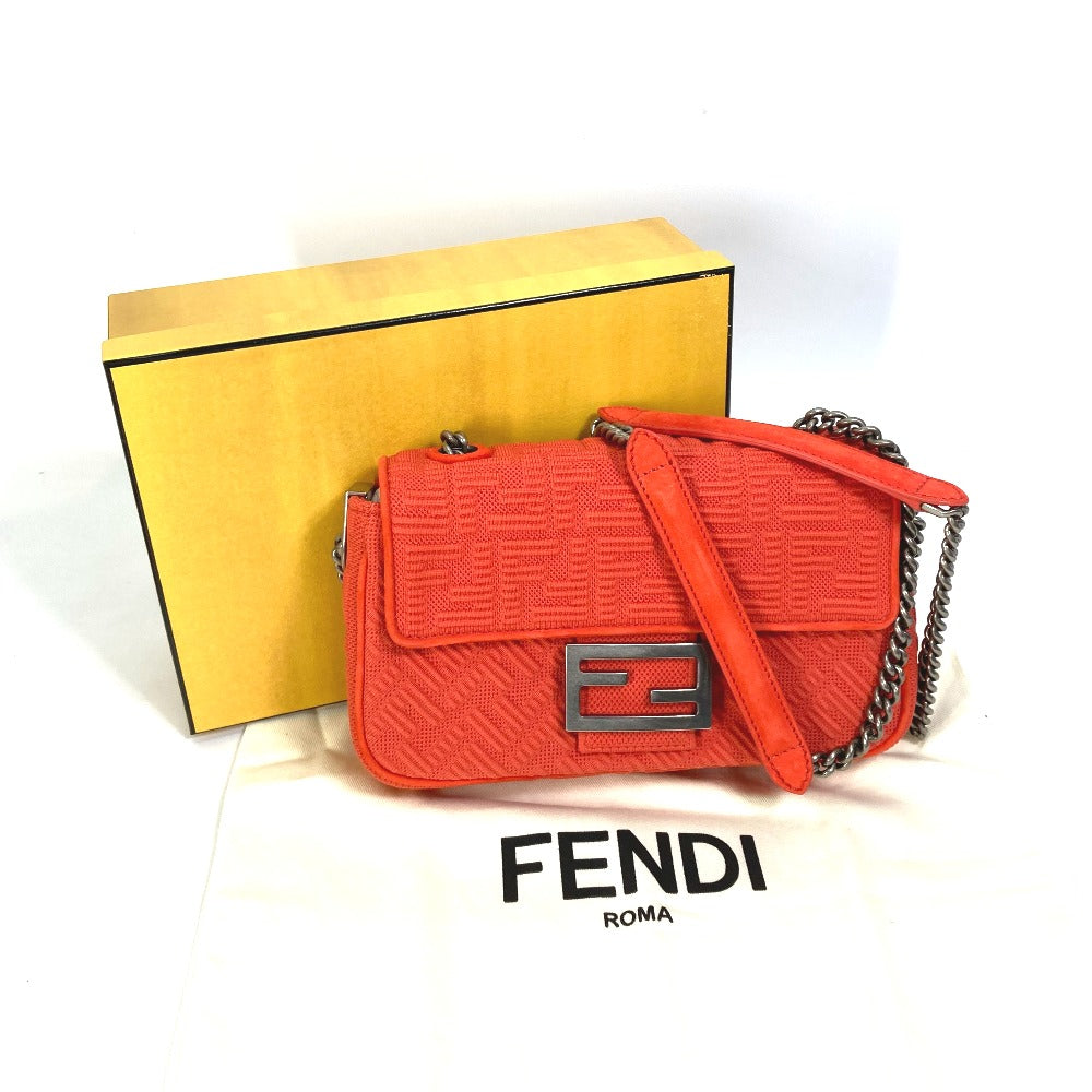 FENDI 8BR793 Baguette Chain Midi Double Chain Bag, Crossbody Shoulder Bag, Canvas/Leather, Women's, Red