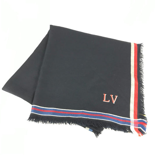 LOUIS VUITTON MP1702 LV Logo Large Fringe Shawl/Scarf/Stole Wool Women's Navy