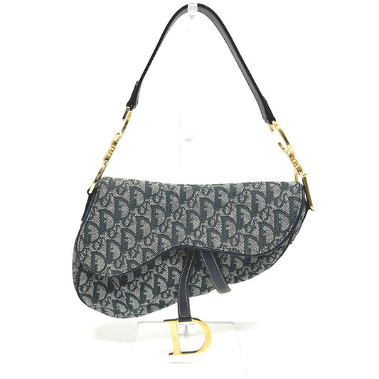 Christian Dior Trottor Oblique Saddle Bag Canvas/Leather Women's Navy Shoulder Bag