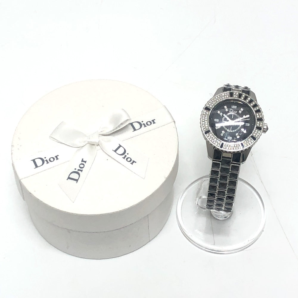 Dior CD113119 クリスタル ダイヤベゼル 16P クォーツ デイト ウォッチ ラウンドフェイス 腕時計 SS レディース シルバー