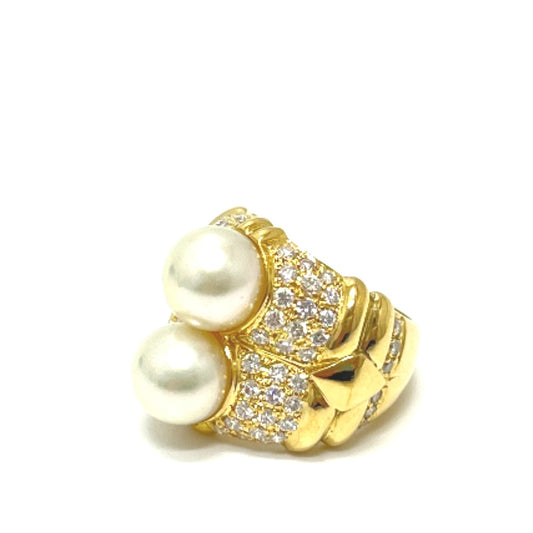 Jewelry K18 Two Pearl D1.46ct Diamond Ring K18YG Women's Gold