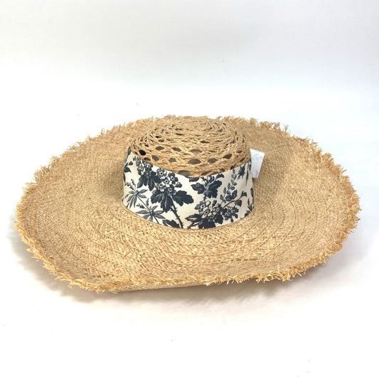 GUCCI 408789 Bucket Hat with Herbarium Ribbon Flora Straw Raffia Design, Beige, Women's