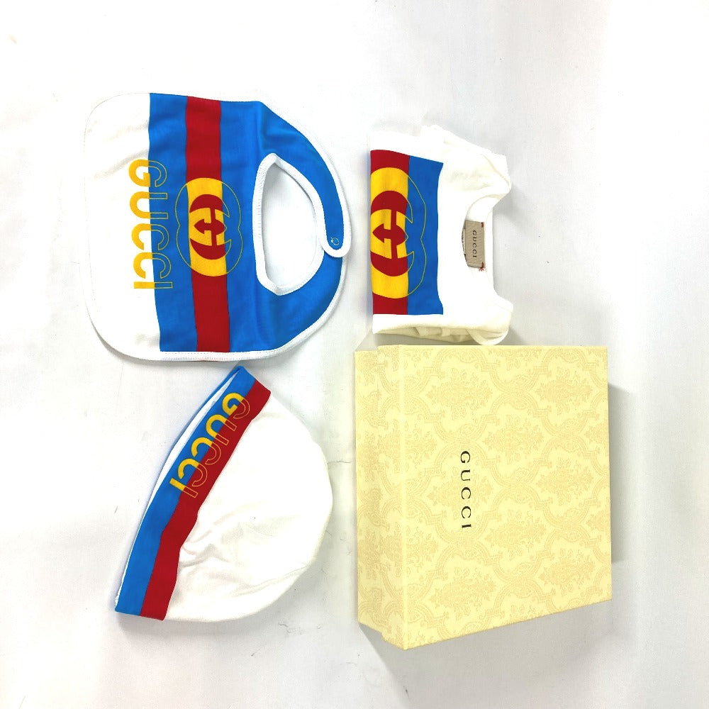 GUCCI 516326 Baby Gift Set: 3-Piece Set with Romper, Knit Hat, and Bib. Cotton, White.